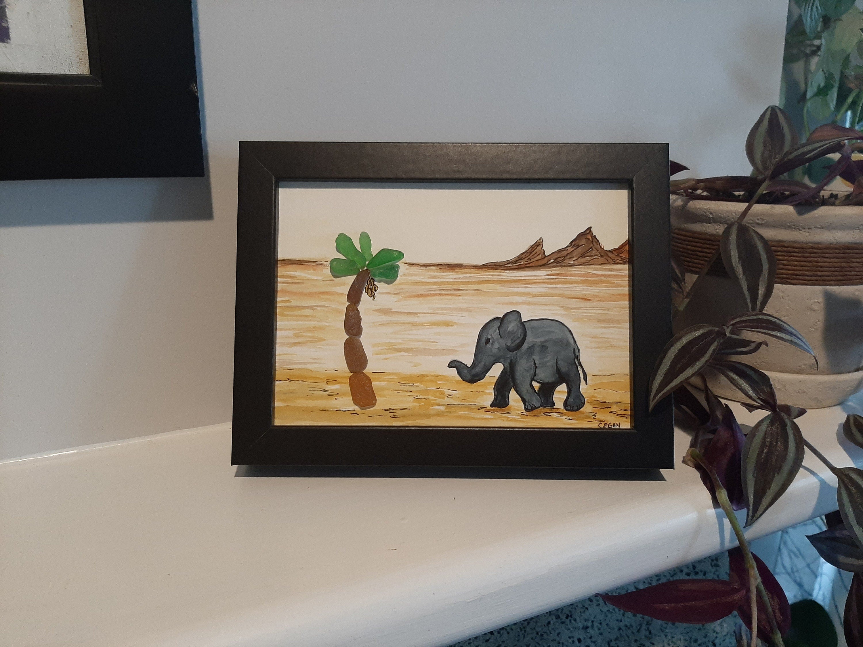 Elephant with Banana Tree Sea Glass Art