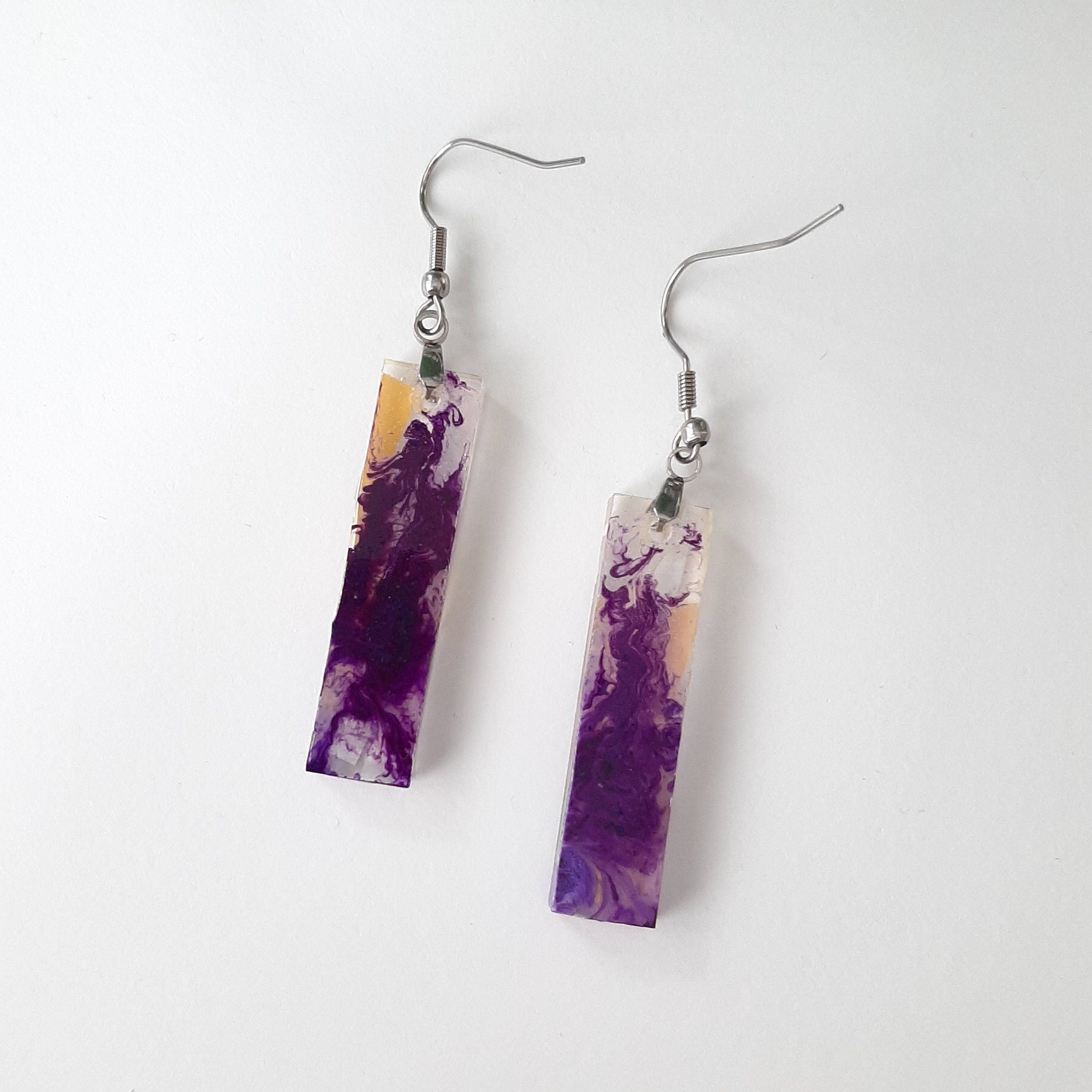Upcycled Plastic, Resin and Alcohol Ink Yellow and Purple Earrings | Made from recycled materials