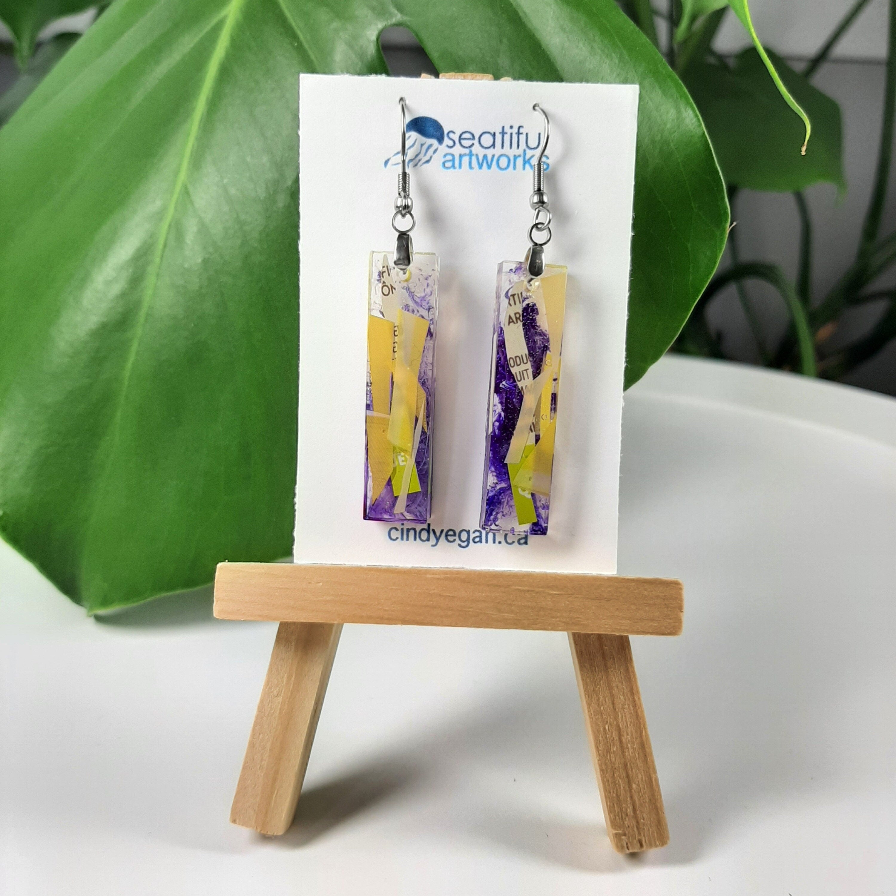 Upcycled Plastic, Resin and Alcohol Ink Yellow and Purple Earrings | Made from recycled materials
